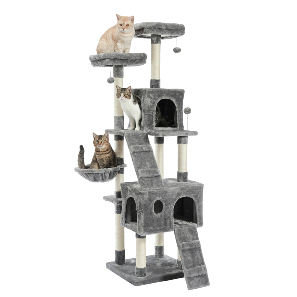 灰色猫台带有双窝，软毛绒猫床，猫抓柱，坡道，吊球，适合多只猫锻炼，休息-5