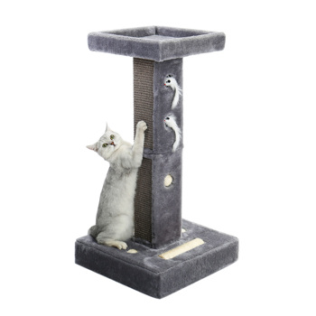 灰色猫台带有舒适顶部躺窝，剑麻猫抓柱以及悬挂玩具适合各类猫玩耍