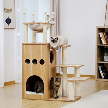 米色豪华猫台带有2个大型猫窝，独特的顶部透明窝，剑麻猫抓柱，侧边猫跳跃平台，适合多只猫锻炼，休息