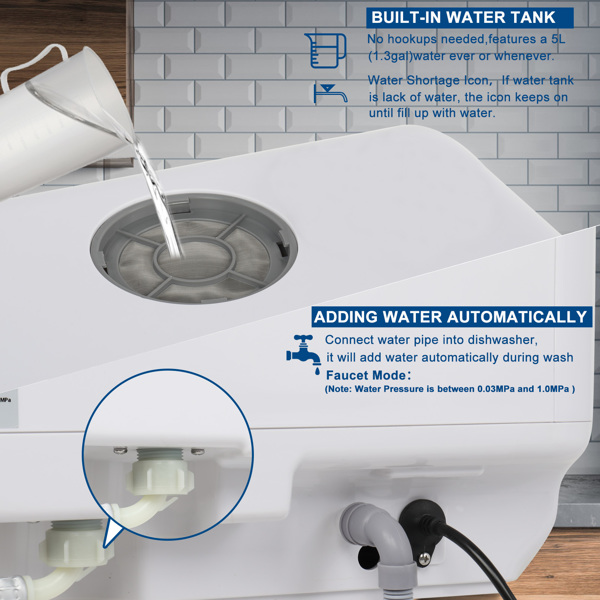 美规 WST5-A6B-TL 120V 840W 4 Sets 洗碗机 白色 ABS塑料 带水箱 4种洗涤模式 双喷淋臂 带照明灯-11