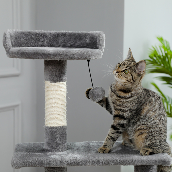 灰色多层猫台带有猫窝，软毛绒猫床，猫抓柱，吊球，适合猫咪休息，锻炼-8