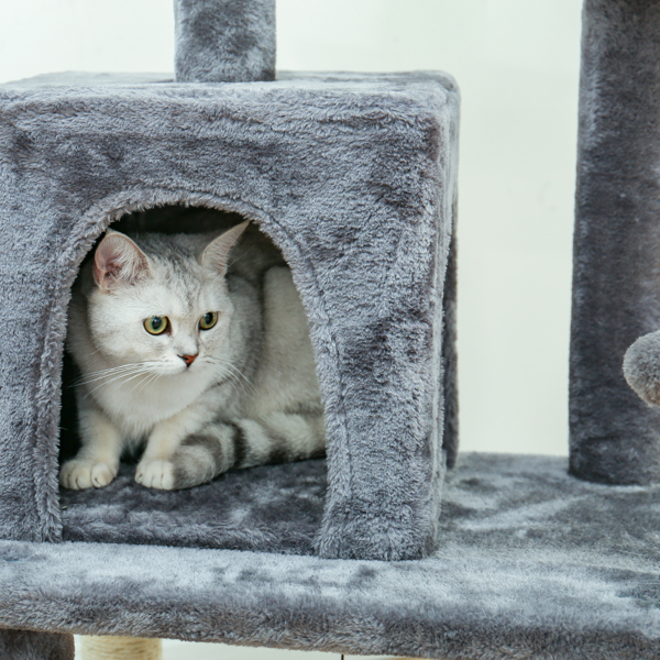 灰色多层猫台带有猫窝，软毛绒猫床，猫抓柱，吊球，适合猫咪休息，锻炼-10