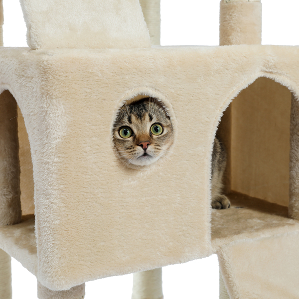 米色猫台带有双窝，软毛绒猫床，猫抓柱，坡道，吊球，适合各类猫玩耍，休息-9