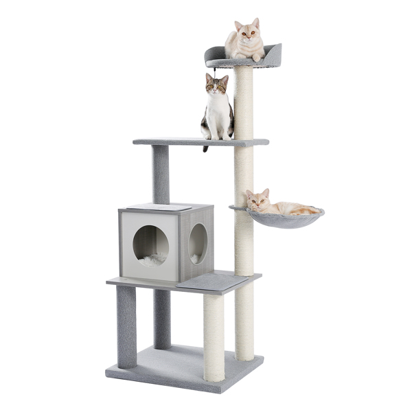 灰色多层猫台带有舒适的猫窝，顶部躺窝和吊床，猫抓柱和猫互动玩具吊球，适合中小型猫-2