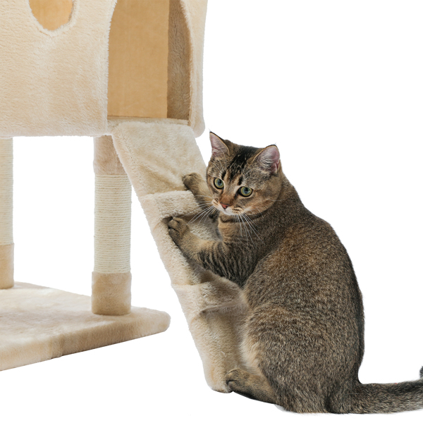 米色猫台带有双窝，软毛绒猫床，猫抓柱，坡道，吊球，适合各类猫玩耍，休息-10