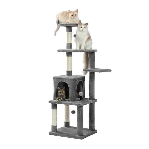 灰色多层猫台带有猫窝，软毛绒猫床，猫抓柱，吊球，适合猫咪休息，锻炼-2