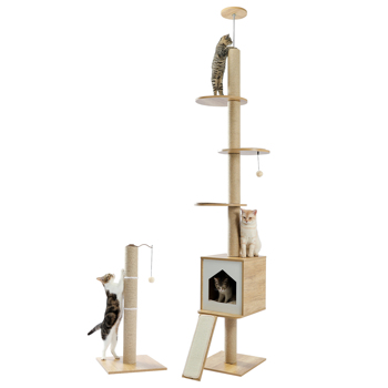 米色豪华猫台带有舒适猫窝，多个跳跃和休息平台，剑麻猫抓柱以及带有吊球的猫抓柱玩具