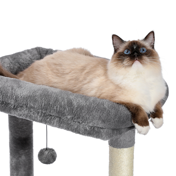 灰色的多功能猫台带有2个宽敞舒适的猫窝和吊床，剑麻猫抓柱和吊球，适合多只猫锻炼，休息（美国分销最低零售价USD 99.99，低于最低零售价不发货）-5