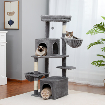 灰色的多功能猫台带有2个宽敞舒适的猫窝和吊床，剑麻猫抓柱和吊球，适合多只猫锻炼，休息