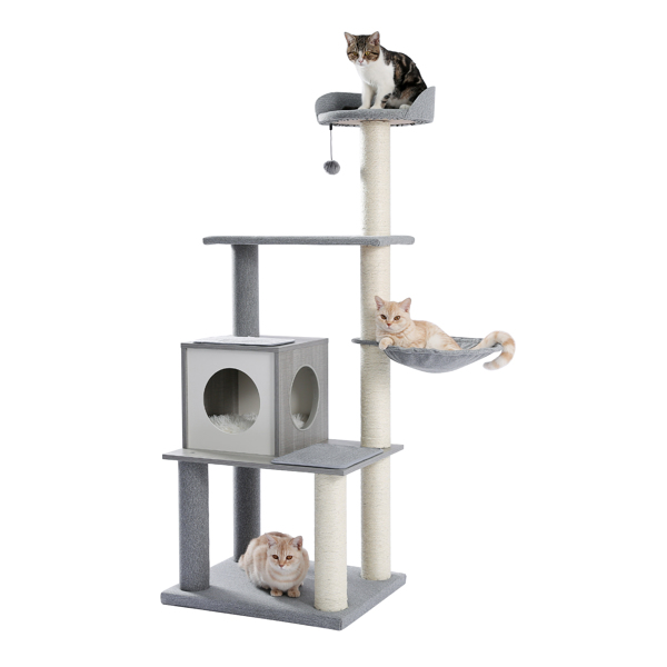 灰色多层猫台带有舒适的猫窝，顶部躺窝和吊床，猫抓柱和猫互动玩具吊球，适合中小型猫-10
