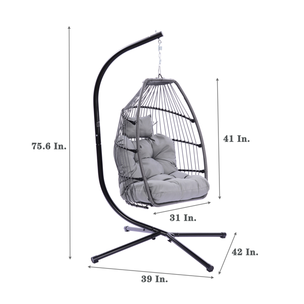 户外可折叠编藤鸡蛋椅吊篮吊床带支架，带坐垫和枕头（灰色）