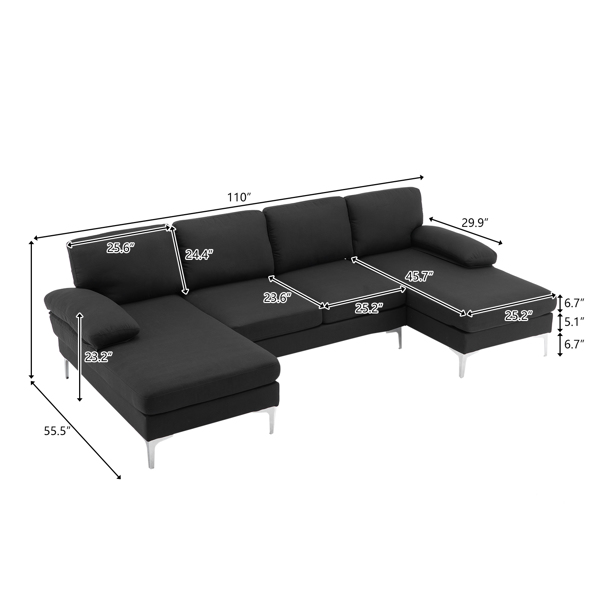 商品名称 FCH U型 带两贵妃 铁脚 4人位 室内组合沙发 布艺  285*137*85cm 黑色 N101