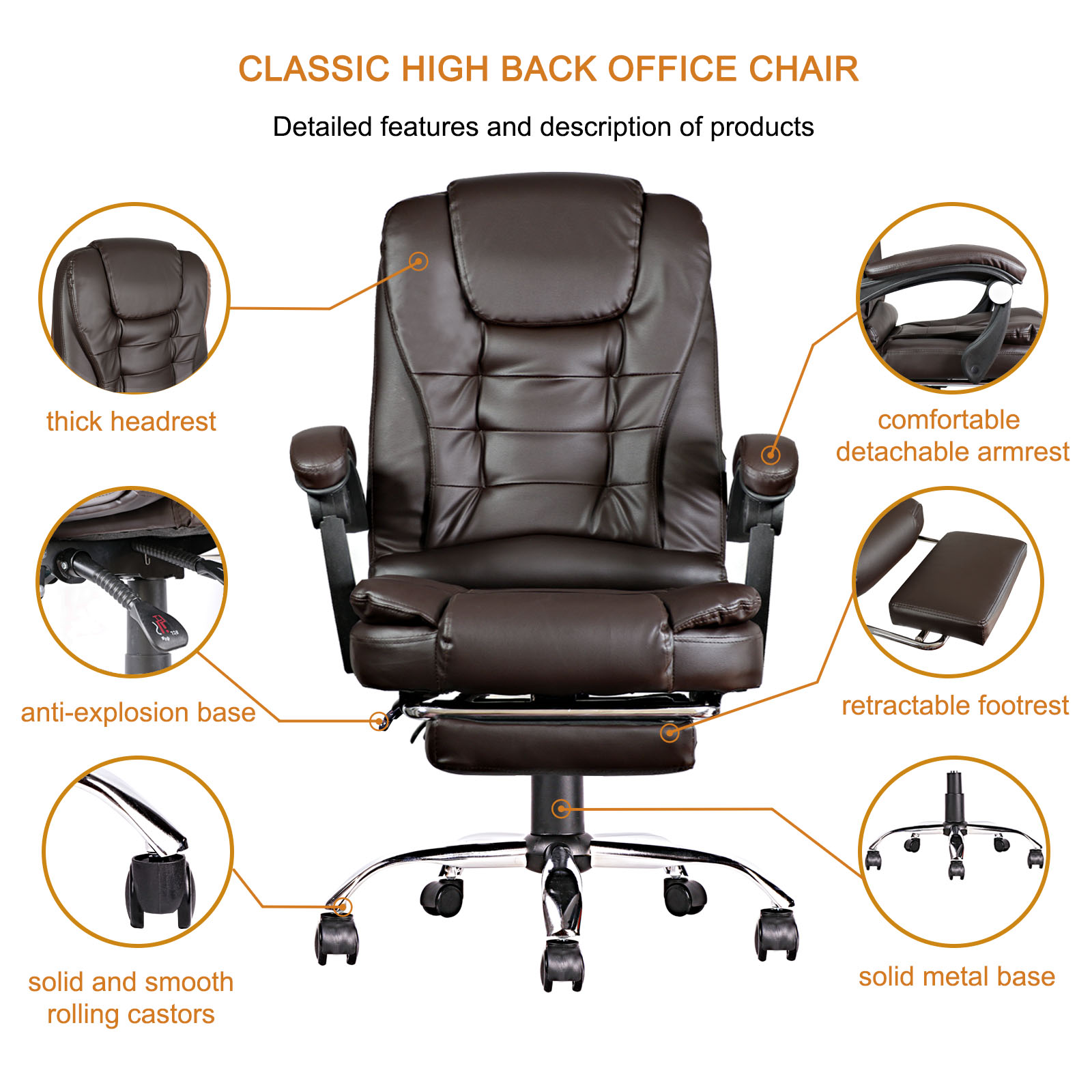 High Back Office Chair, Adjustable Ergonomic Office Chair, Executive PU  Leather | eBay