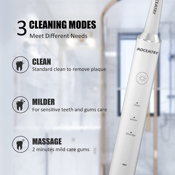 MOCEMTRY Sonic Electric Toothbrush 可充电美白牙刷 3 种清洁模式，防水电动牙刷（白色）-3