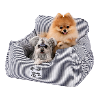 蓝色条纹宠物窝汽车座椅宠物加高座椅安全床，带有安全带和可拆卸靠垫，适用于中小型犬