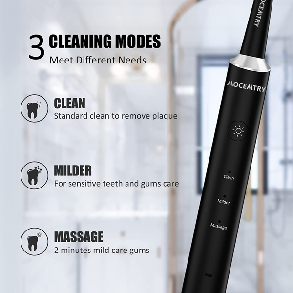 MOCEMTRY Sonic Electric Toothbrush 可充电美白牙刷 3 种清洁模式，防水电动牙刷（黑色）-1