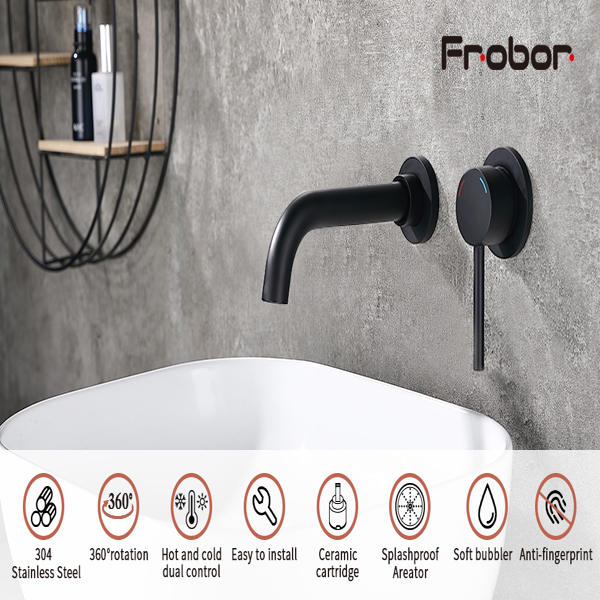 用于浴室水槽或浴缸，壁挂式水龙头，单柄2孔黄铜粗糙阀门，哑光黑色-3