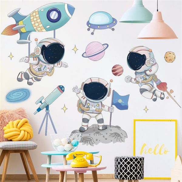 墙贴太空宇航飞行员贴画卡通儿童房贴纸幼儿园教室装饰布置-2