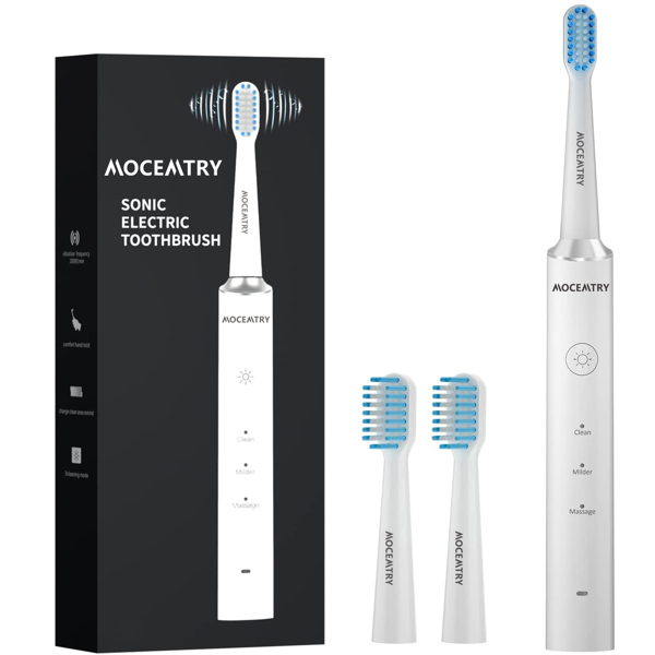 MOCEMTRY Sonic Electric Toothbrush 可充电美白牙刷 3 种清洁模式，防水电动牙刷（白色）-1