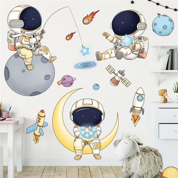 太空宇航员墙贴儿童房间幼儿园宇宙星空卡通可爱背景墙-1