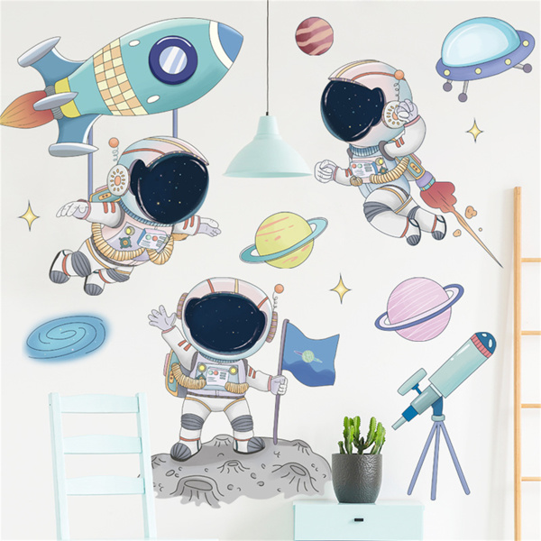 墙贴太空宇航飞行员贴画卡通儿童房贴纸幼儿园教室装饰布置-3