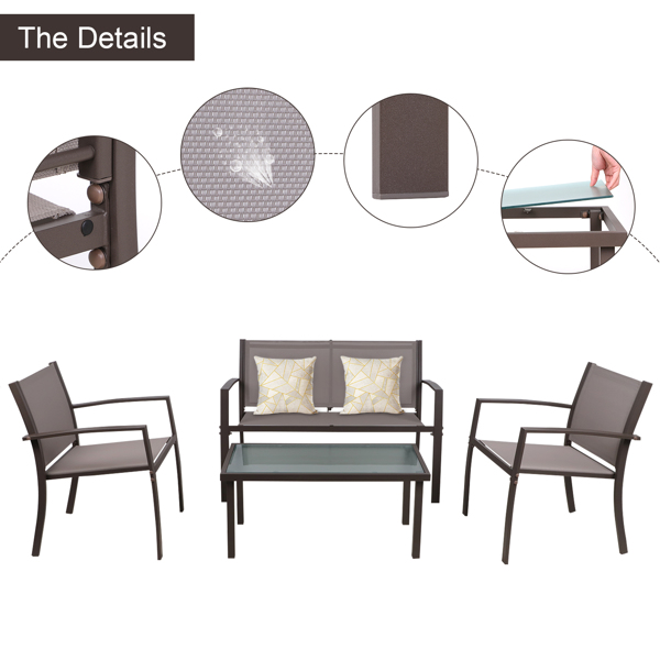 棕色4件套花园家具套装，庭院家具玻璃茶几配2个纺织扶手椅1个双座沙发，用于庭院户外池畔-6