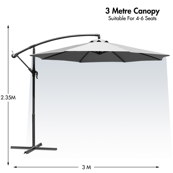  3M灰色悬臂式花园遮阳伞，UV50+防护香蕉庭院伞，带曲柄和倾斜功能，适用于户外庭院花园泳池