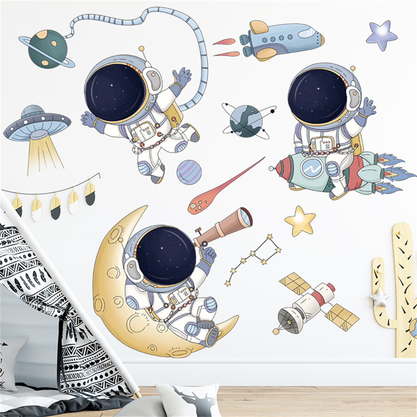 Cartoon Wall Stickers Astronaut Spaceship Flying Saucer Painting Space Planet Kindergarten Layout Sticker Decoration