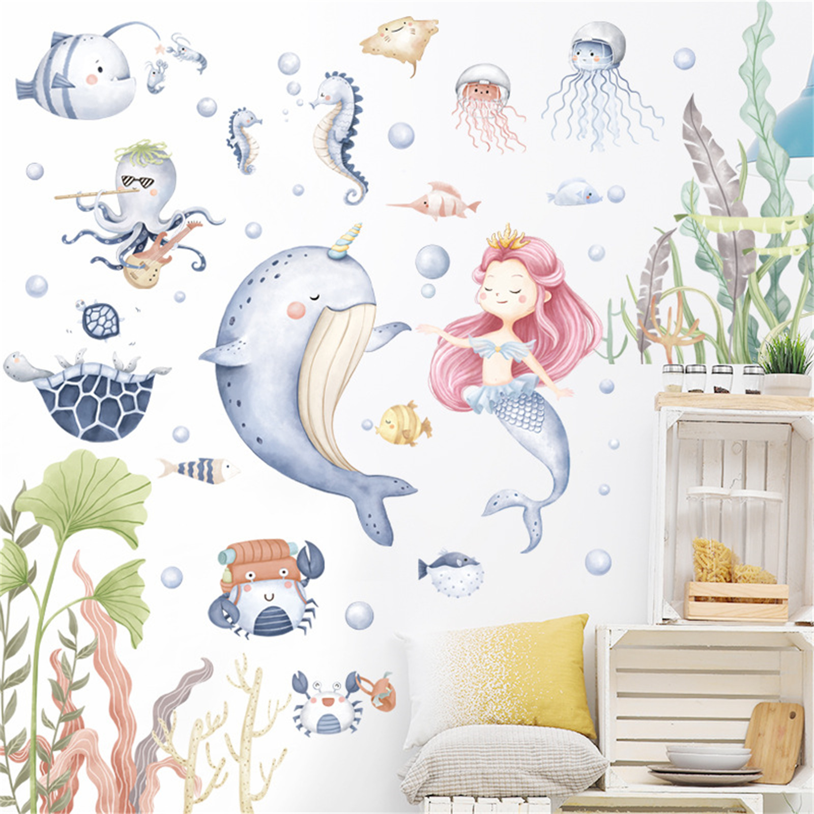 Children's Room Ocean Fish Wall Painting Dolphin Mermaid Water Grass Decoration Stickers Classroom Children's Room Wall Stickers