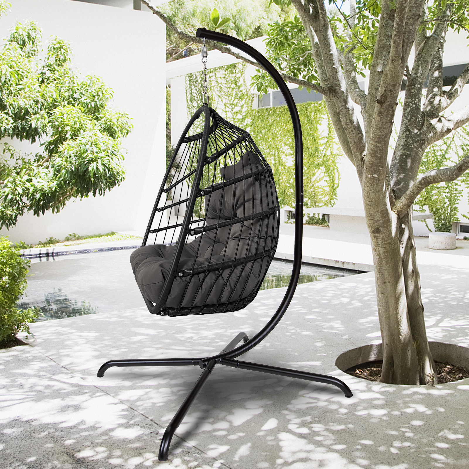 Swing Egg Chair with Stand Indoor Outdoor Wicker Rattan Patio Basket Hanging Chair with C Type bracket , with cushion and pillow,Black (Banned from selling on Amazon, Walmart)