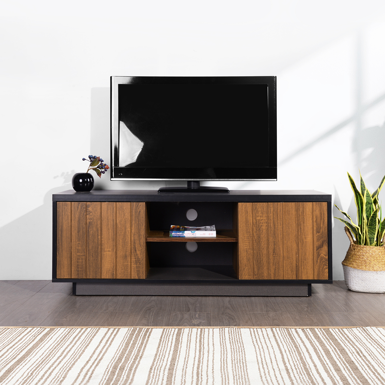 Modern TV Stand for TVs up to 60 Inch, Wood TV Cabinet with Storage for Living Room, Brown/Black