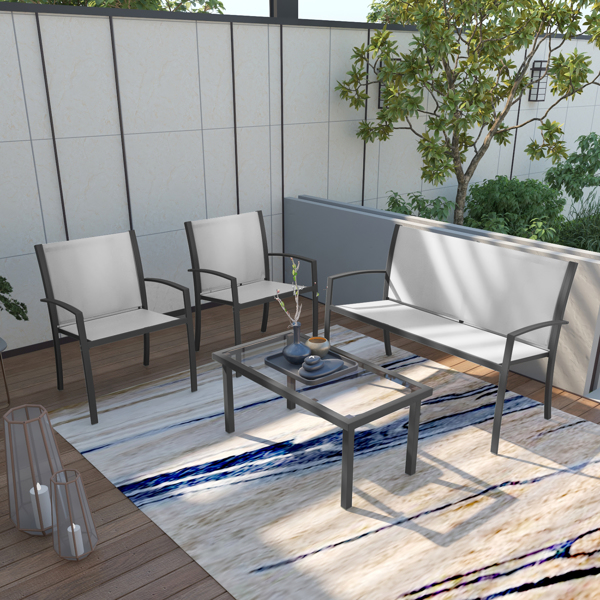 灰色4件套花园家具套装，庭院家具玻璃茶几配2个纺织扶手椅1个双座沙发，用于庭院户外池畔 -5