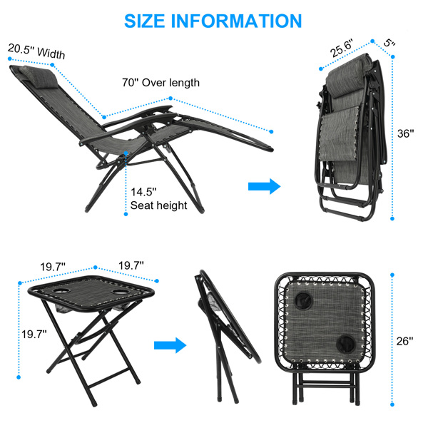 灰色折叠躺椅零重力花园椅2件套，重型纺织品太阳椅，带折叠桌和可调节头枕--花园露台露营用户外花园椅 -3