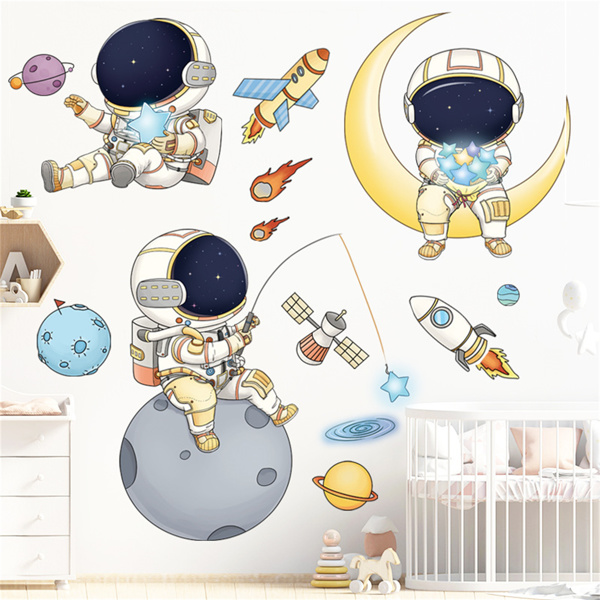 太空宇航员墙贴儿童房间幼儿园宇宙星空卡通可爱背景墙-3