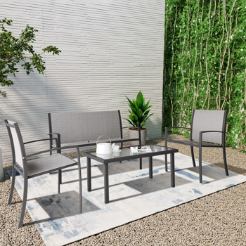 灰色4件套花园家具套装，庭院家具玻璃茶几配2个纺织扶手椅1个双座沙发，用于庭院户外池畔 