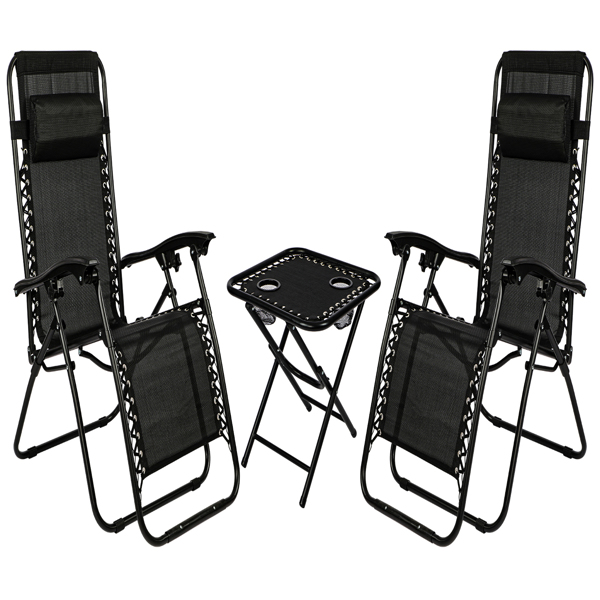 黑色折叠躺椅零重力花园椅2件套，重型纺织品太阳椅，带折叠桌和可调节头枕-花园庭院露营用户外花园椅-1