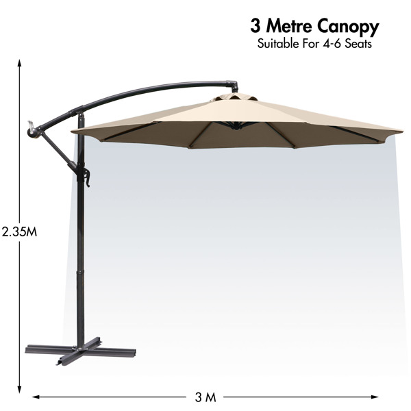 3M棕色悬臂式花园遮阳伞，UV50+防护香蕉庭院伞，带曲柄和倾斜功能，适用于户外庭院花园泳池