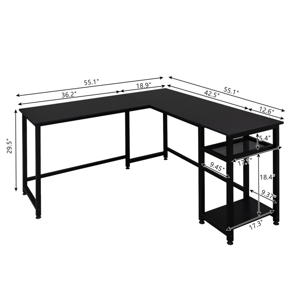 黑色 刨花板贴三胺 L型直角 140cm 拼接 电脑桌 N001-14