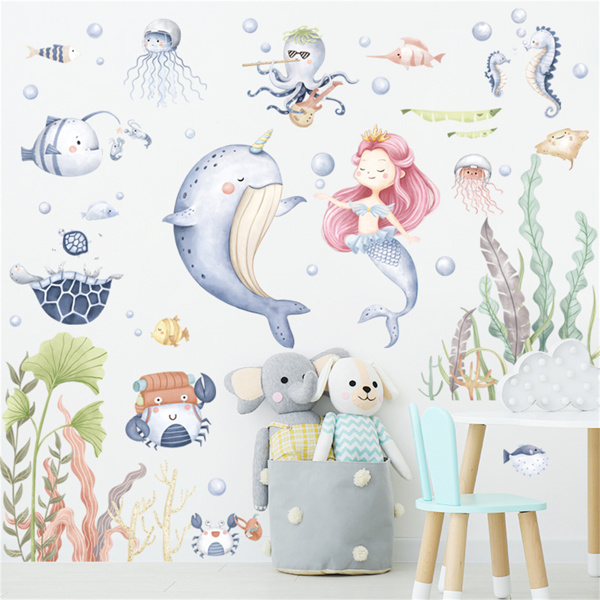 儿童房海洋鱼儿墙画海豚美人鱼水草装饰贴画教室儿童房墙贴-2