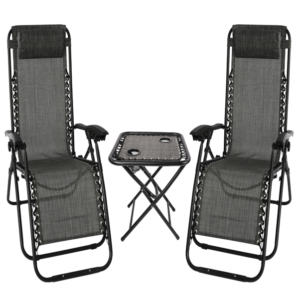 灰色折叠躺椅零重力花园椅2件套，重型纺织品太阳椅，带折叠桌和可调节头枕--花园露台露营用户外花园椅 -1