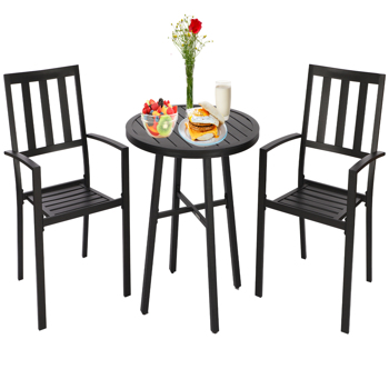 黑色小餐吧家具套装，2个椅子带圆桌，花园金属圆桌配2个扶手椅，适用于户外后院门廊，池边草坪阳台。
