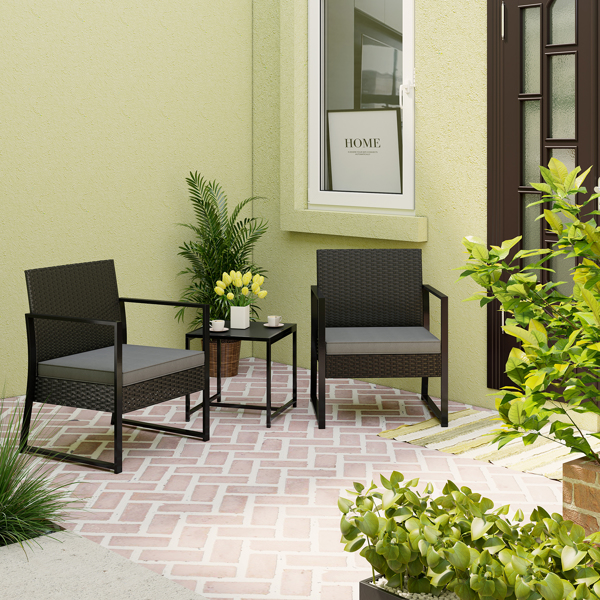 黑色藤制花园家具套装，3件套藤编柳条小餐吧套装，包括2个扶手椅与坐垫，2个坐垫替换罩，1个咖啡桌，适用于花园，阳台，池边-12
