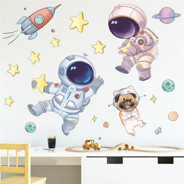 可爱星空贴纸儿童房装饰背景自粘墙纸宇航员火箭星星墙贴纸-4