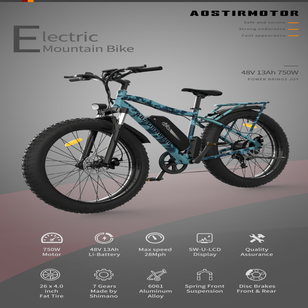 AOSTIRMOTOR新品电动自行车26"胖轮胎750W电机48V13Ah可拆卸锂电池零售限价$1299亚马逊禁售
