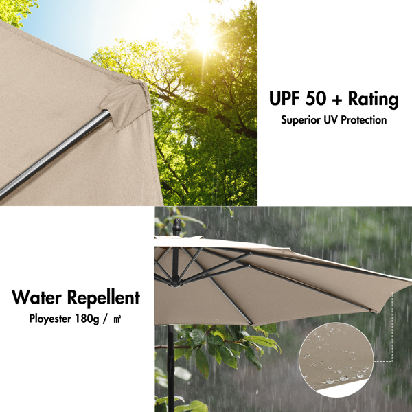 3M棕色悬臂式花园遮阳伞，UV50+防护香蕉庭院伞，带曲柄和倾斜功能，适用于户外庭院花园泳池