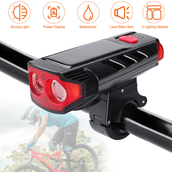 (带电)新款太阳能自行车前灯USB充电喇叭车灯