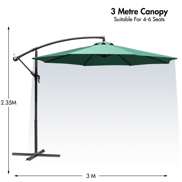 3M绿色悬臂式花园遮阳伞，UV50+防护香蕉庭院伞，带曲柄和倾斜功能，适用于户外庭院花园泳池