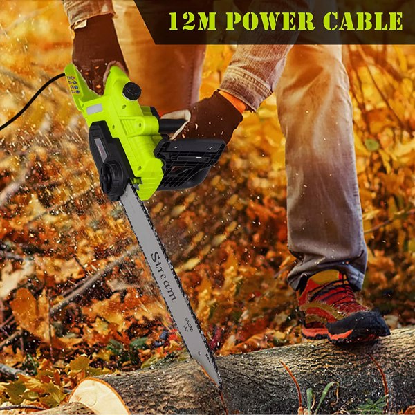 电锯，2400W 电动电锯，带 45cm 导杆，用于砍树的轻型链锯，自动上油，12m 电源线，免工具链条张紧