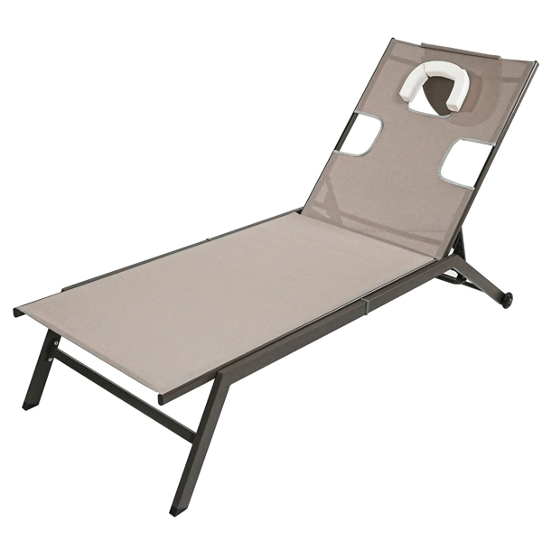  棕色带可调节靠背和轮子的花园太阳椅，户外躺椅，用于庭院花园露营海滩休闲的户外太阳床-1