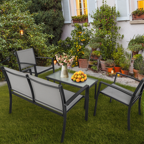 灰色4件套花园家具套装，庭院家具玻璃茶几配2个纺织扶手椅1个双座沙发，用于庭院户外池畔 -7